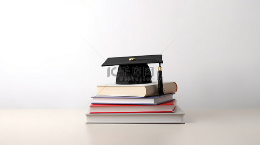 毕业以白色背景上的 3D 书和帽子为标志，作为教育概念