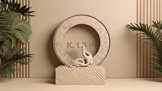 蛇皮纹理 3D 方形讲台，带圆形棕榈镶嵌框架基座