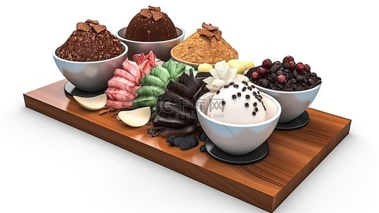 日本酵素背景图片_托盘上的巧克力 bingsu 刨冰 3d 呈现并隔离在卡通风格的白色背景上