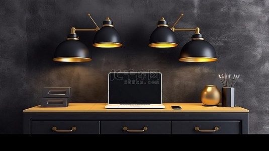 现代办公桌，配有笔记本电脑模型装饰和黑色背景 3D 渲染上的文本空间