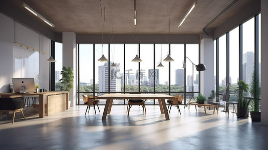 现代联合办公空间，配有别致的室内家具大窗户，可欣赏城市景观和宽敞的开放式天花板 3D 渲染
