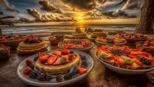 小蛋糕甜点背景图片_沙滩天空水果甜品美食摄影广告背景
