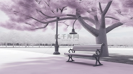 复古公园长椅和 3D 渲染的单色柔和紫色路灯
