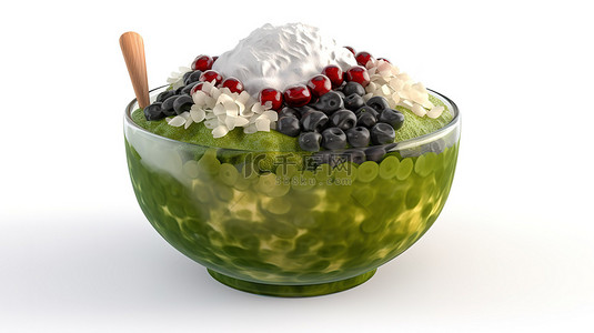 卡通风格 3d 插图 bingsu 刨冰与红豆浇头和绿茶味的白色背景