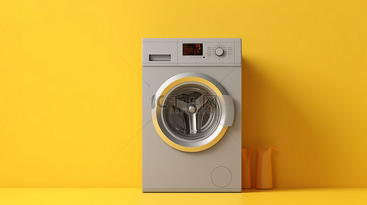 荒凉环境中灰色洗衣机对黄墙的 3D 渲染