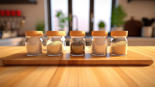 桌台面背景图片_现代厨房 3D 渲染中带有调味瓶的时尚木质台面