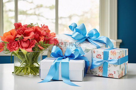 三个礼品盒周围有红色和蓝色蝴蝶结的蓝色丝带