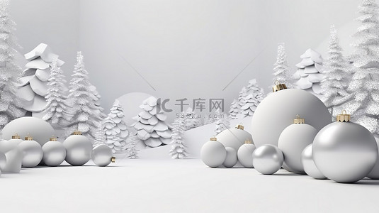 节日冬季仙境 3D 组合一个节日模板，新年白色背景上有圣诞球