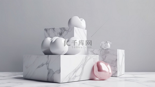 3D 渲染的大理石礼品盒非常适合白色背景的情人节