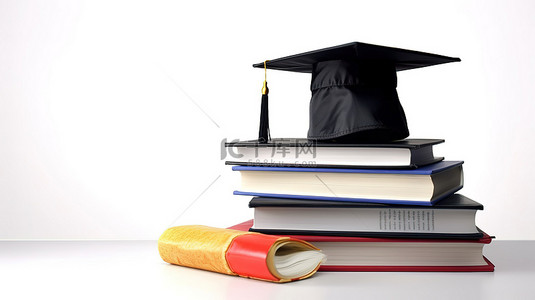 回到学校标志与毕业帽和书籍在白色背景 3D 渲染