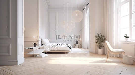 Scandi Boho 极简主义白色内饰，3D 渲染镶木地板