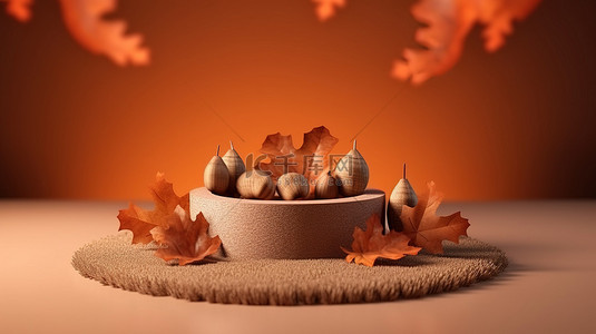 3D 渲染的讲台装饰橡树叶和橡子，适合秋季或万圣节主题