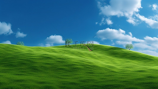 山丘草原背景图片_令人惊叹的 3D 渲染连绵起伏的绿色山丘，蓬松的云彩和蓝天