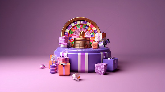 命运背景图片_在线赌场中的 3d 轮盘赌轮和礼品盒，紫色背景，粉红色米色和白色