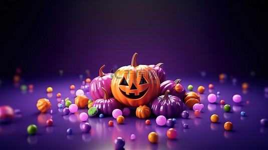幽灵般的喜悦 3D 渲染充满活力的杰克灯笼糖果和糖果在紫色背景上的快乐万圣节