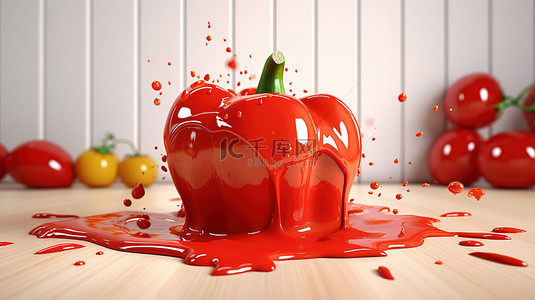 辣椒粉背景图片_辣椒粉与番茄酱的 3D 渲染插图