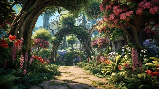 一个神奇的植物仙境，装饰着翠绿的树叶花朵和高耸的乔木，以 3D 渲染