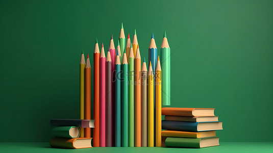 翡翠背景图片_3D 绿色背景上充满活力的书籍和翡翠铅笔