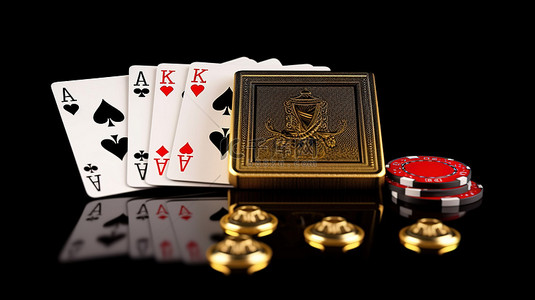 3d 渲染中的银行卡赌场金筹码和黑色扑克牌
