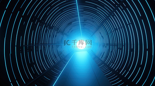 圆环发光背景图片_蓝色光束照亮 3D 渲染中的圆环隧道