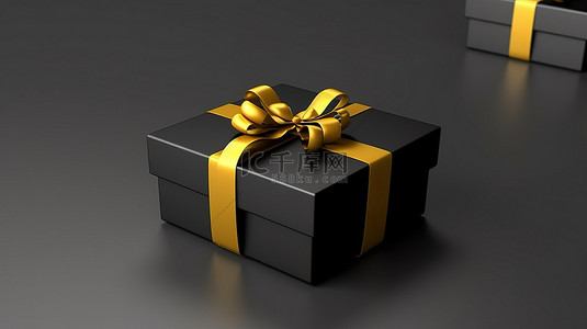 黄丝带装饰时尚的黑色礼品盒，非常适合黑色星期五情人节或任何场合 3D 渲染图像