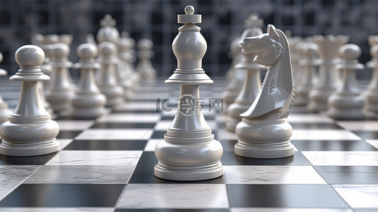 白色棋子在 3D 场景中与棋盘王对峙