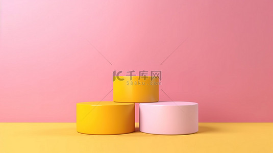 时尚夏日背景图片_时尚的立方体代表产品展示，采用俏皮的粉色和黄色六边形图案或明亮的夏日阳光 3D 设计