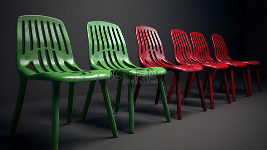公司的招聘背景图片_一排塑料和金属椅子的绿色 3D 渲染，以醒目的红色点缀突出显示