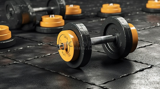 健康健身锻炼背景图片_用于肌肉健康和锻炼的铁哑铃重量级健身器材 3D 渲染图像