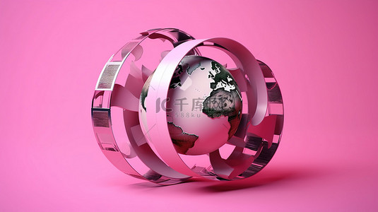 球形电影磁带与胶片卷轴交织在一起，在通过 3D 渲染创建的粉红色背景下