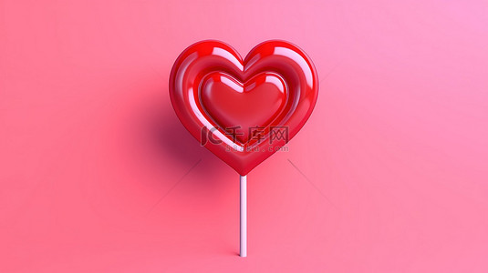 情人节简约心形背景图片_引人注目的红心形糖果棒棒糖，在柔和的粉红色背景下，简约 3D 渲染，适合情人节概念