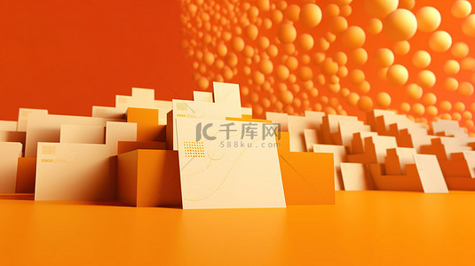 水平名片模型的全景 3D 渲染，用于橙色背景上的品牌展示
