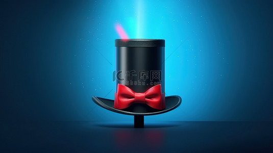发光魔术师的帽子光束从装饰着红丝带和魔杖的黑色高顶帽子发出，在蓝色背景下渲染3d
