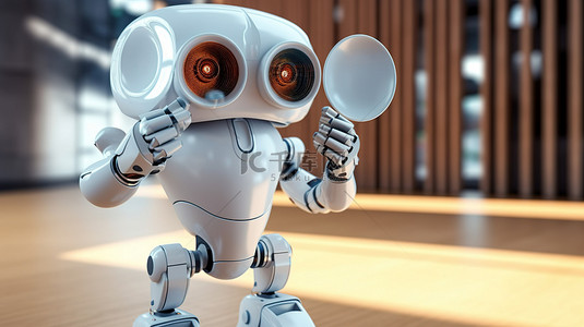 带扩音器的 3D 渲染机器人促进在线营销