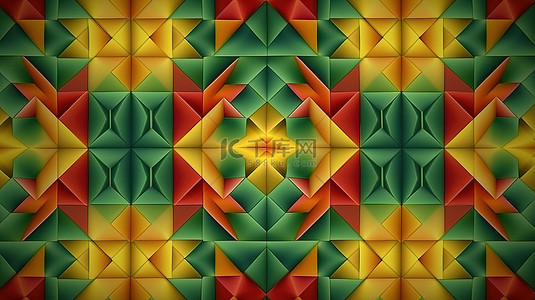 红色几何背景背景图片_装饰印花图案黄绿色和红色几何形状的 3D 诠释
