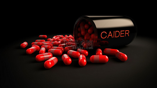 装胶囊的瓶子背景图片_深色画布 3D 渲染上的创新癌症治疗深红色胶囊