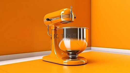 金色单色搅拌机在充满活力的橙色 3D 室内图标中脱颖而出