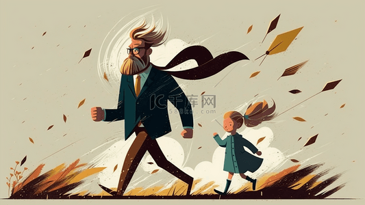 爸爸女儿卡通背景图片_父女奔跑的快乐温馨父亲节背景