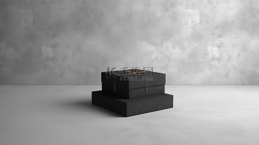 混凝土地板的高架视图，带有 3D 渲染的黑盒模型，上面覆盖着白色包装纸和盖子