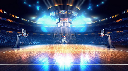 灯光下发光篮球场体育场的 3D 渲染
