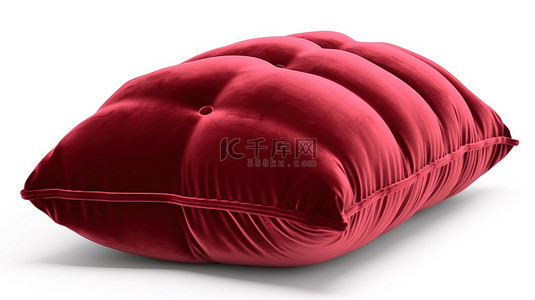 皇家红色天鹅绒枕头在白色背景下的 3D 渲染隔离设置中
