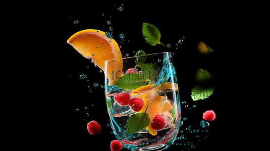 背景玻璃杯背景图片_清爽的水果鸡尾酒，薄荷和冰片倒入玻璃中，黑色背景 3D 渲染图像