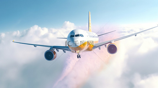 痕迹痕迹背景图片_商业飞行飞机的 3D 插图背后的欢乐烟雾痕迹