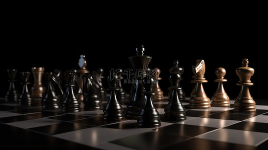 挑战比赛背景图片_黑色背景上的战略摊牌 3D 国际象棋比赛通过插图描绘领导概念