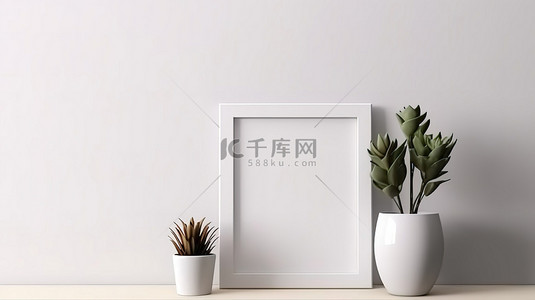 植物和花卉的 3D 渲染补充白墙背景上的空白相框