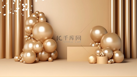 中性背景上的镀金气球 3D 渲染的舞台展示场景模型