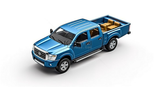 白色孤立背景的 3D 插图，配有一辆大型蓝色越野皮卡车，非常适合乡村