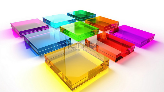 充满活力的彩虹玻璃方形片材在中心对齐 3D 渲染插图，用于白色背景上的演示