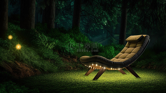 夜间户外放松 3D 插图的森林和草地背景的躺椅