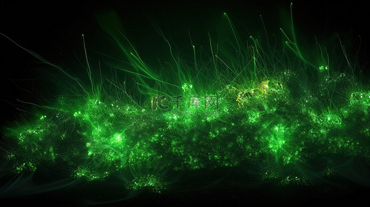 黑色背景上 3d 抽象渲染中的绿色发光粒子